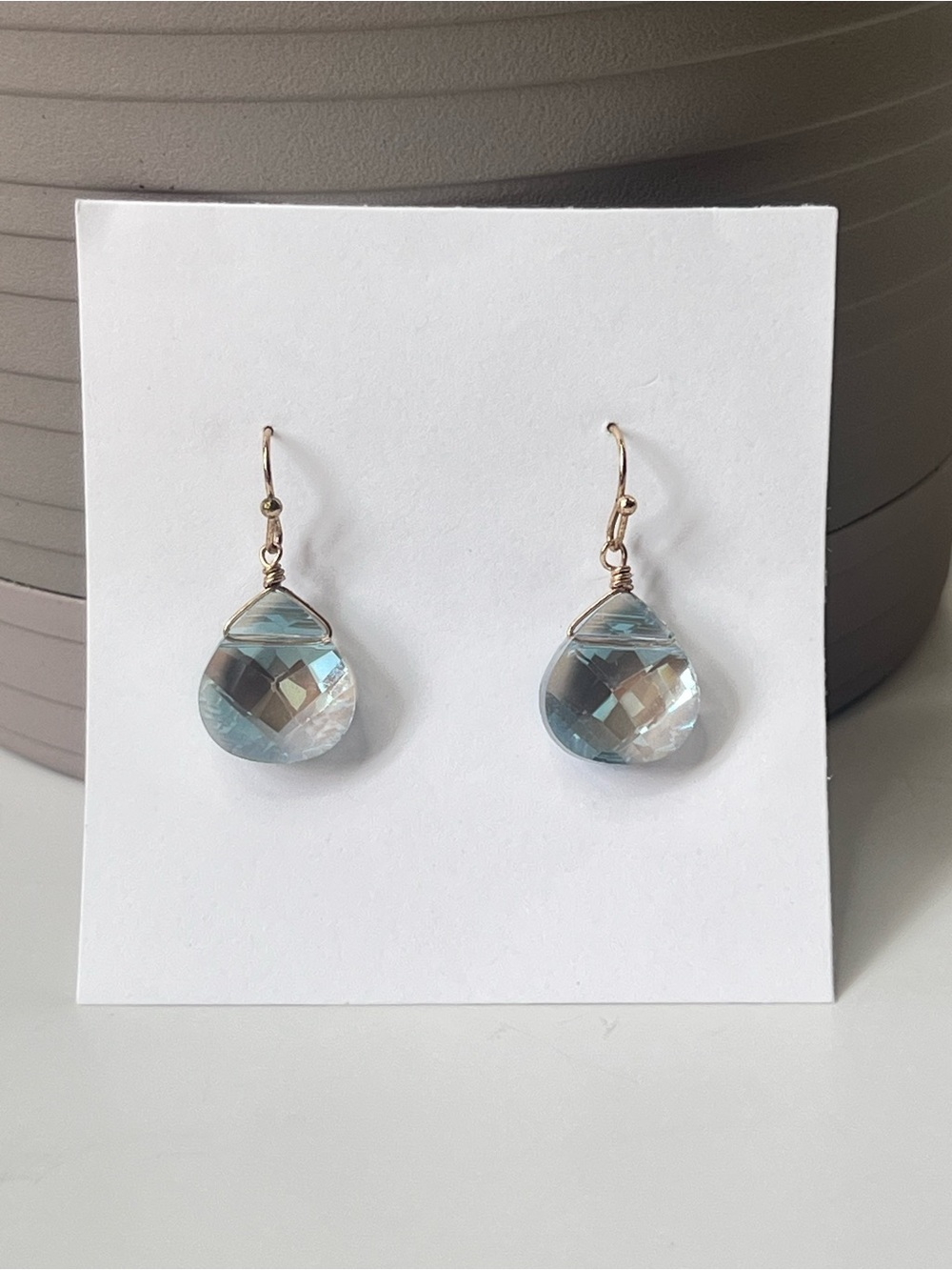 Gold Tone Drop Earrings Blue Crystal Teardrops Wire-Wrapped Briolette Stones